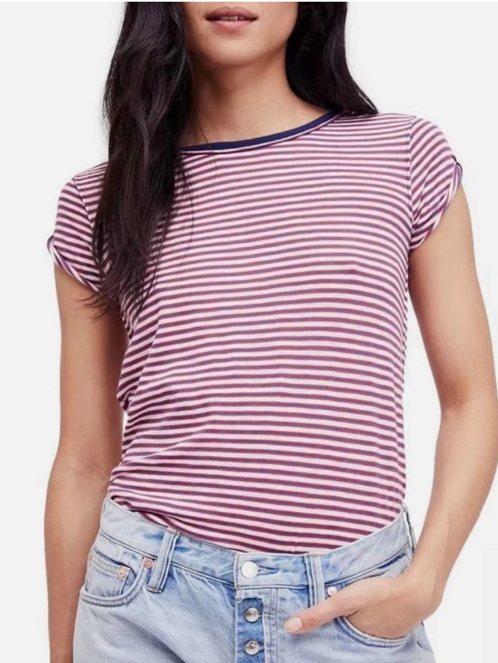 We The Free Red, Blueand White Striped Crewneck Tee